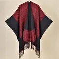 Close-up of ethnic style knit shawl with red and black stripes and dense fringe tassels - 130x150cm / Border Small Square Red