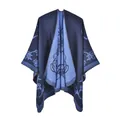 Detail of floral jacquard embroidery on navy blue cashmere-feel thick shawl cape - 130x150cm / Morning Glory Navy