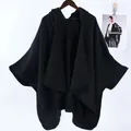 Capa negra con capucha para mujer, elegante poncho abierto con caída de alta calidad - Negro