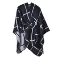 Classic black and white windowpane plaid shawl poncho with cozy knit texture for women - Belted Shawl Style / Black Plaid