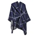 Classic dark blue and grey checkered shawl cape with a minimalist split front design - Belted Shawl Style / Navy Blue Plaid