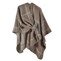Plaid knitted winter poncho in brown and grey with front tie closure for women - Belted Shawl Style / Khaki Plaid
