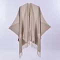 Women's reversible geometric star pattern shawl with tassels in beige and brown tones - Beige Brown Color Block