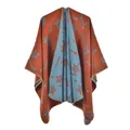 Knitted reversible star pattern poncho shawl in caramel and light blue contrast colors - Orange Star