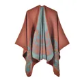 Poncho en maille pour femme rouge brique et bleu avec motifs floraux jacquard - Fleurs Fraîches Orange / 135*155 cm