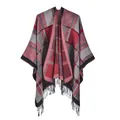 Classic red grey and black plaid knit poncho with tassel hem and open front style - Red/Black Plaid
