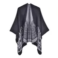 Women's warm black cashmere-like poncho with floral jacquard pattern and slit design - Fresh Floral Black / 135*155CM