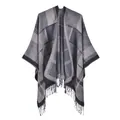 Women's autumn winter thick grey plaid knit poncho shawl with classic tassel fringe - Black Grey Plaid