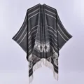 Bohemian knitted poncho with geometric patterns and fringe tassels in grey and white - Black and White Jacquard
