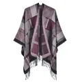 Women's plaid knitted shawl with fringes in burgundy, dark grey and black colors - Wine Red Plaid