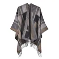 Classic plaid knit shawl with long tassels in black, dark grey, and khaki tones - Black & Camel Plaid