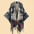 Bohemian geometric knit hooded poncho with black fringe tassels for women's travel style - Black