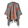 Knit shawl wrap with orange and grey geometric pattern and black tassel fringe - Orange Patchwork Plaid