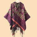 Bohemian striped knit shawl cape with geometric patterns and black fringe tassels - Hooded Tassel Ethnic Diamond Wine Red