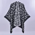 Black and grey geometric knit poncho cape with reversible minimalist maze pattern - Overlocked Double-sided Maze Black Gray