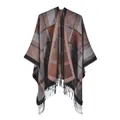 Women's plaid tassel poncho shawl in dark coffee and grey geometric knit pattern - Black and Yellow Plaid