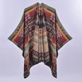 Ethnic Aztec style open front knit shawl poncho with vibrant red and yellow geometric patterns - Reversible Rhombus Black Khaki