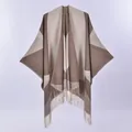 Modern geometric color block knit poncho with tassel hem in beige and dark coffee brown - Beige Coffee Color Block