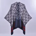 Women double-sided knit shawl poncho with geometric patterns and striped hem detail - Chevron Arrow Navy White