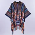 Ethnic knit hooded poncho with colorful plaid geometric patterns and tassel hem fringe - Hooded Tassel Plaid Poncho / Navy Blue