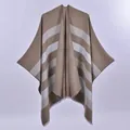 Women's reversible striped poncho cape in brown and grey with elegant fringe detail - Overlocked Reversible Khaki Wide Stripe With Silver Metallic Thread