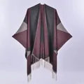 Bohemian geometric knit poncho with long tassels in burgundy and charcoal grey - Black Wine Red Triangle