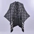 Gray double-sided knit shawl cape with geometric patterns and striped hem for women - Chevron Arrow Black Gray