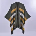 Elegant double-sided striped poncho cape with tassels in dark green and yellow cashmere feel - Overlocked Reversible Green Wide Stripe With Silver Metallic Thread