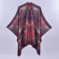 Women's reversible geometric knit shawl with bohemian triangle pattern and fringe details - Reversible Rhombus Navy Red