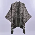 Women's reversible knit poncho with geometric pattern and earthy striped hem details - Chevron Arrow Green Khaki