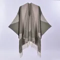 Women's double-sided geometric shawl with fringe, minimalist soft knit poncho design - Olive Green Beige Color Block