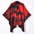 Red and black knitted poncho with artistic face pattern for women's winter warmth - Galloping Horse Black Red