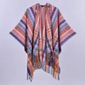 Ethnic bohemian hooded knit poncho with colorful geometric stripes and tassel fringe - Hooded Tassel Plaid Poncho / Pink Navy Blue