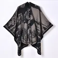 Women's knit shawl poncho with grey abstract mountain landscape pattern in thick fabric - Galloping Horse Black Grey / 130*150cm