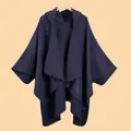 Detailed view of dark blue hooded shawl featuring premium knit texture and fine seam edges - Solid Hooded Navy Blue