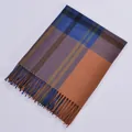 Classic blue and orange plaid scarf with fringe tassels for winter warmth - Navy Orange