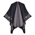 Mantella da donna in finto cashmere nero con stampa floreale e design a spacco in maglia - Double Face Bordo Tinta Unita Floreale Grande (Grigio Nero)