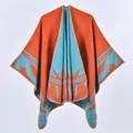 Orange and light blue thick knit shawl cape with geometric patterns for autumn and winter - One Size / 130x150cm / Orange Bamboo Leaf