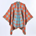 Women's orange and light blue knit poncho with geometric snowflake patterns and loose fit - 135cmx155cm / Orange