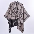 Classic khaki and black plaid shawl cardigan with a wrap design for autumn and winter - Camel Plaid