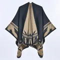 Thick knit poncho shawl for women with black and khaki geometric patterns and open front design - One Size / 130x150cm / Black Camel Bamboo Leaf