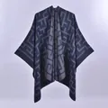 Women's reversible dark blue and grey poncho shawl with geometric maze knit pattern - Overlocked Double-sided Maze Navy Blue