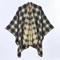 Women's cashmere-like knit poncho with yellow and black geometric star patterns - 135cmx155cm / Black Camel