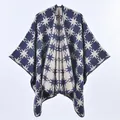 Navy and beige knit poncho with star patterns, thick pashmina wrap for women - 135cmx155cm / Navy Blue
