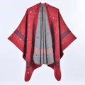 Double-sided knit poncho wrap in deep red and grey with star pattern and geometric border - One Size / Robe / 130x150cm / Red