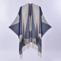 Blue and gray geometric cashmere-style poncho with fringes and open-front design - Blue and Grey