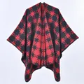 Ethnic geometric cashmere shawl poncho with red and black reversible jacquard design - 135cmx155cm / Red Black