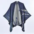 Navy and gray knitted cashmere-like poncho shawl with abstract palm leaf pattern - Undersea Starry Sky Navy Blue
