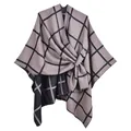 Classic checkered knit shawl cape with front knot design in light beige and black - Khaki Plaid