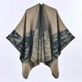Women's warm winter shawl poncho with geometric patterns in beige and olive tones - Camel Green Geometric